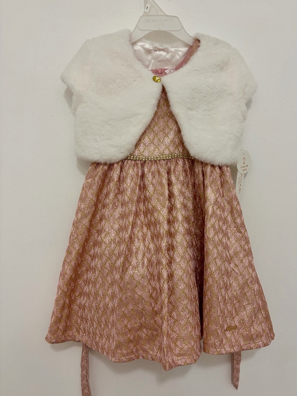 Tahari Girls Pink & Gold Faux Fur Trim Dress (4T)